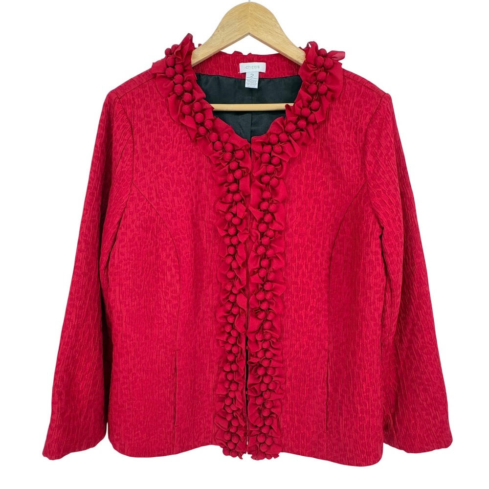 Chico's Red Textured Floral Applique Jacket Size Large Statement Artsy Blazer